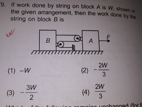 Question image for If the work done by the string on block A is W, s
